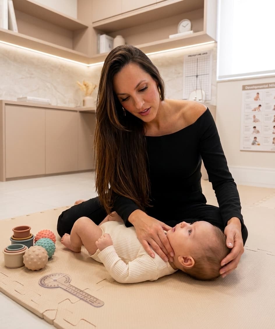 Paula realizando terapia manual em um bebê